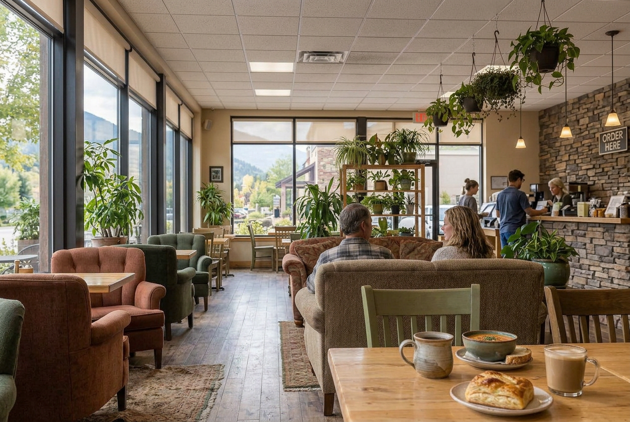A cozy coffee shop with comfortable seating, plants, and natural light overlooking trees and Montana foothills